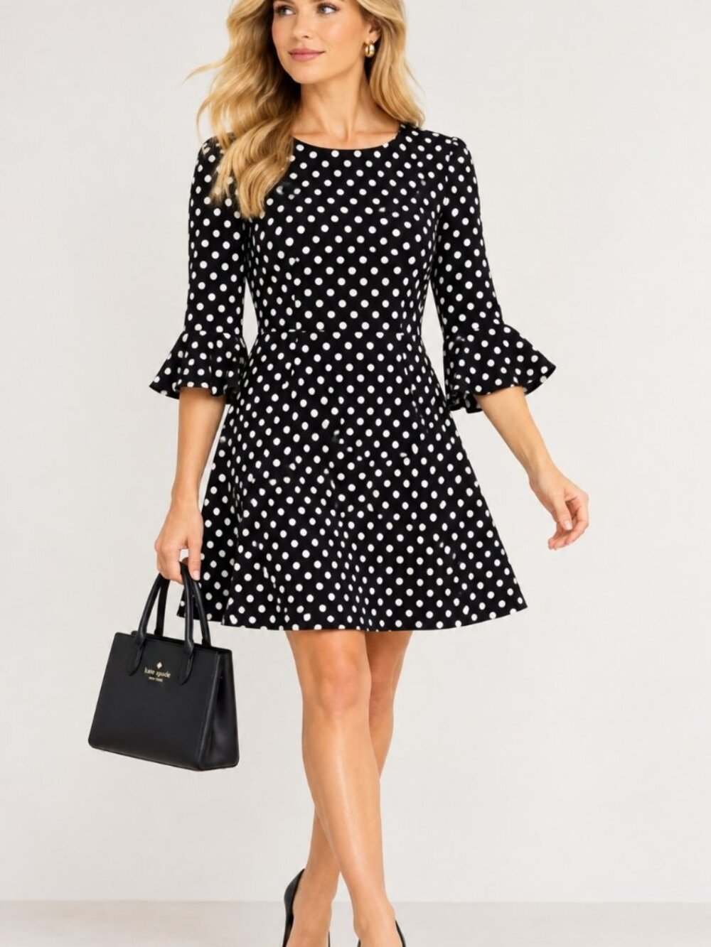Kate Spade Lia Ponte Polka Dot Dress Black White Flared Ruffle Size Medium